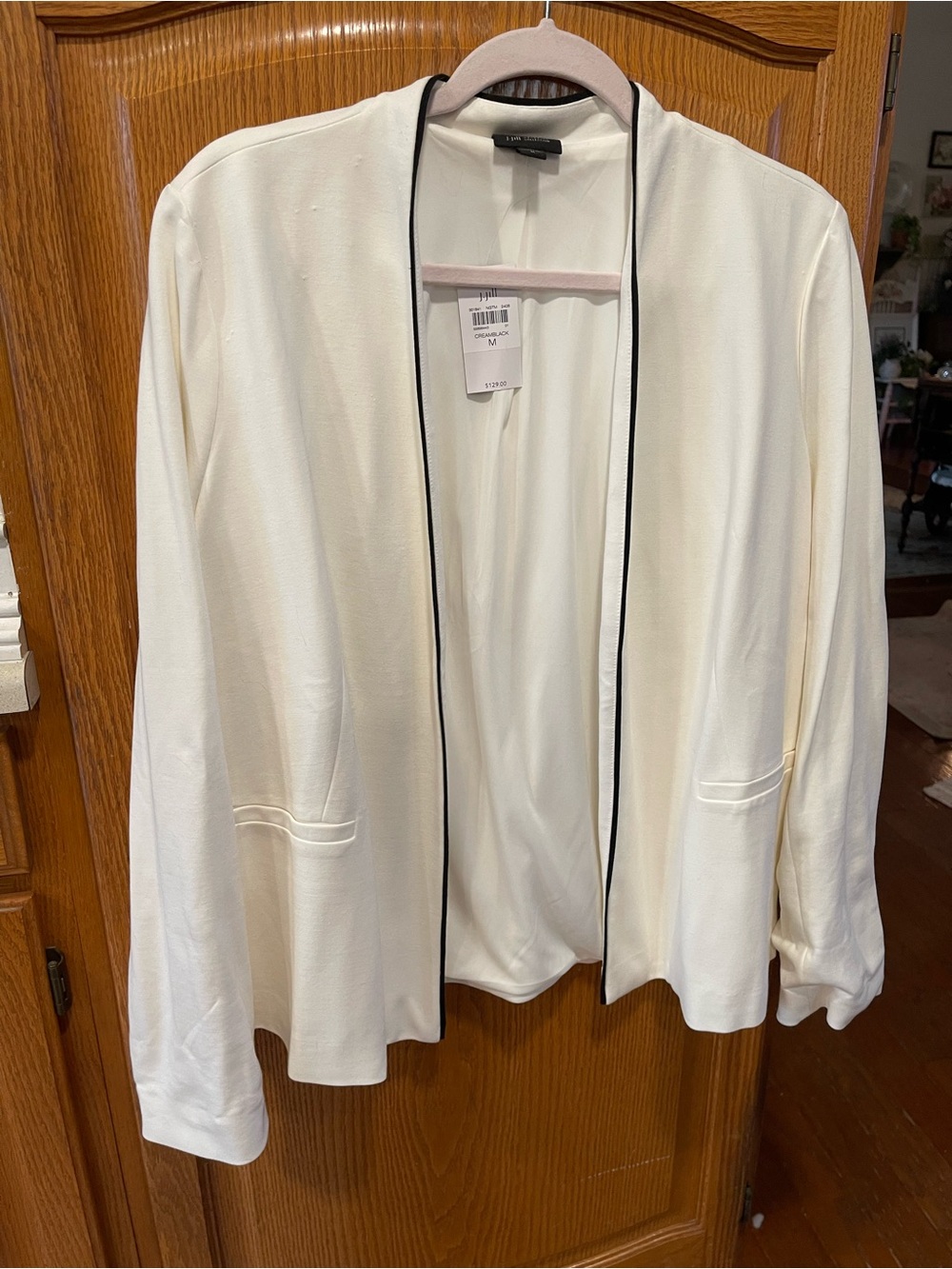 J. Jill Cream Open-Front Blazer with Black Trim